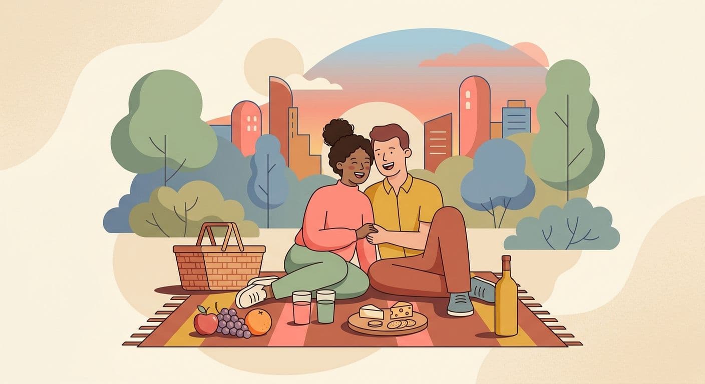 Couple profitant d'un pique-nique au coucher du soleil dans un parc